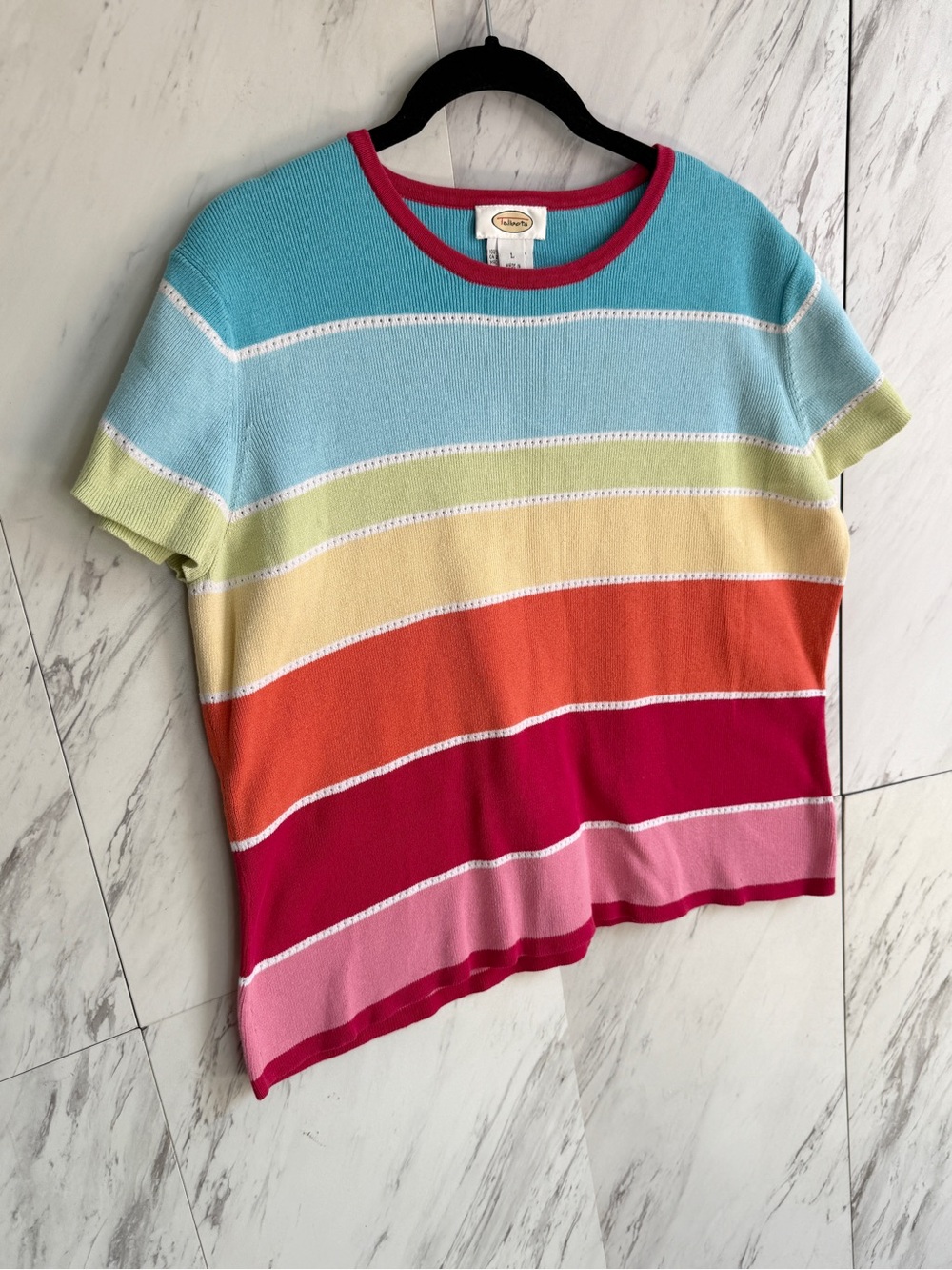 Talbots Rainbow Striped Sunset Pointelle Knit Top SZ L